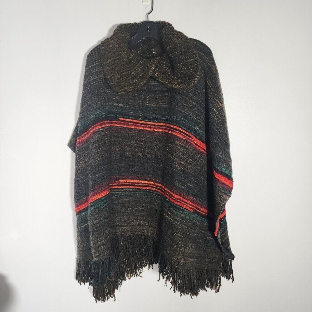 Striped Wool Poncho Fringe Boho Hippie Brown Red OS